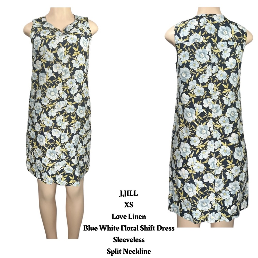 J. Jill Love Linen Blue Floral Shift Dress Sleeveless Knee‎ Length w/ Pockets XS